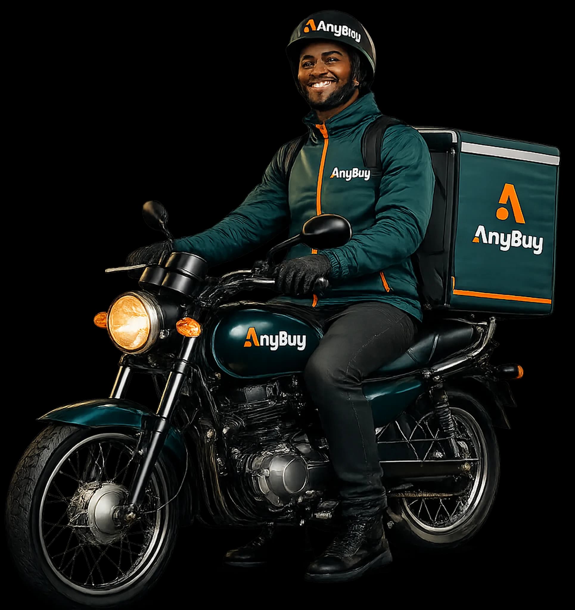 AnyBuy rider on a motorcycle, checking their phone